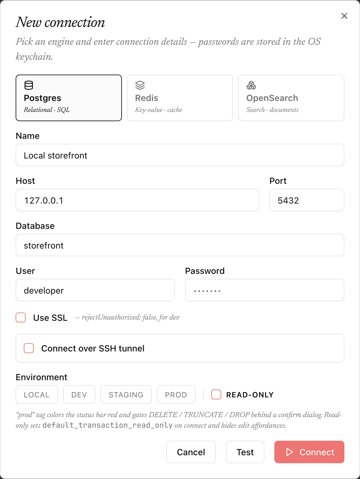 The New connection dialog in the light theme, filled with example values.