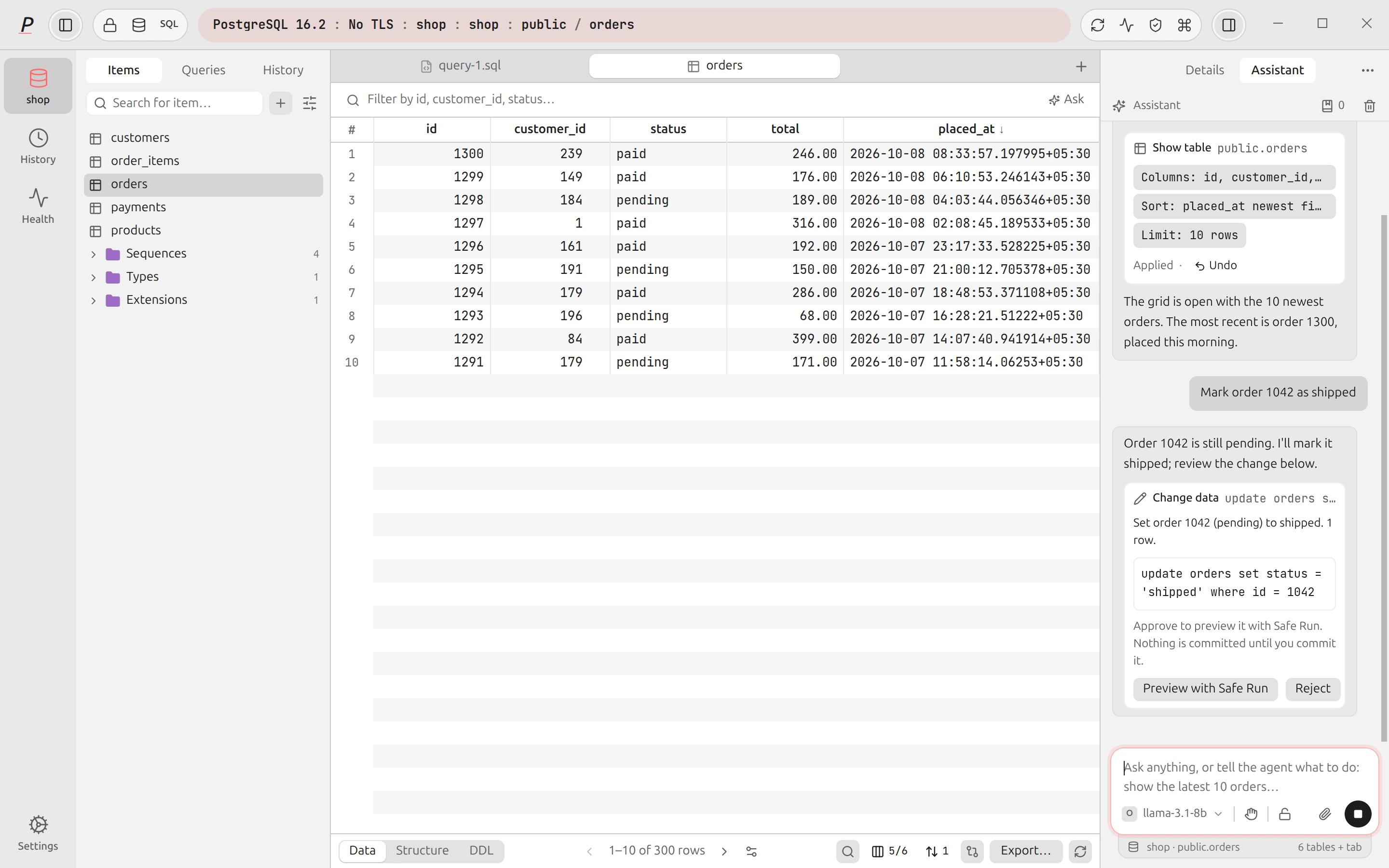Plasma assistant in the right sidebar: the agent proposes a query as an approval card with the statement and its buttons, and nothing runs until you click.