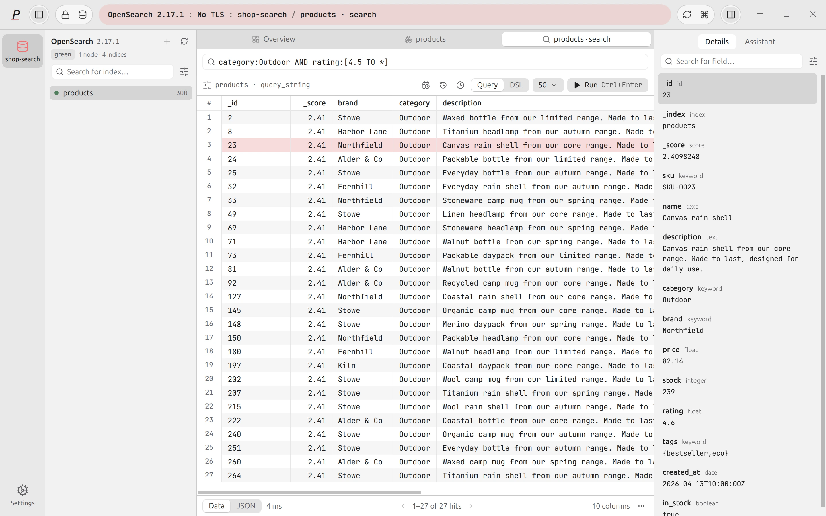 Plasma OpenSearch workspace showing indices on the left and documents in the main pane.