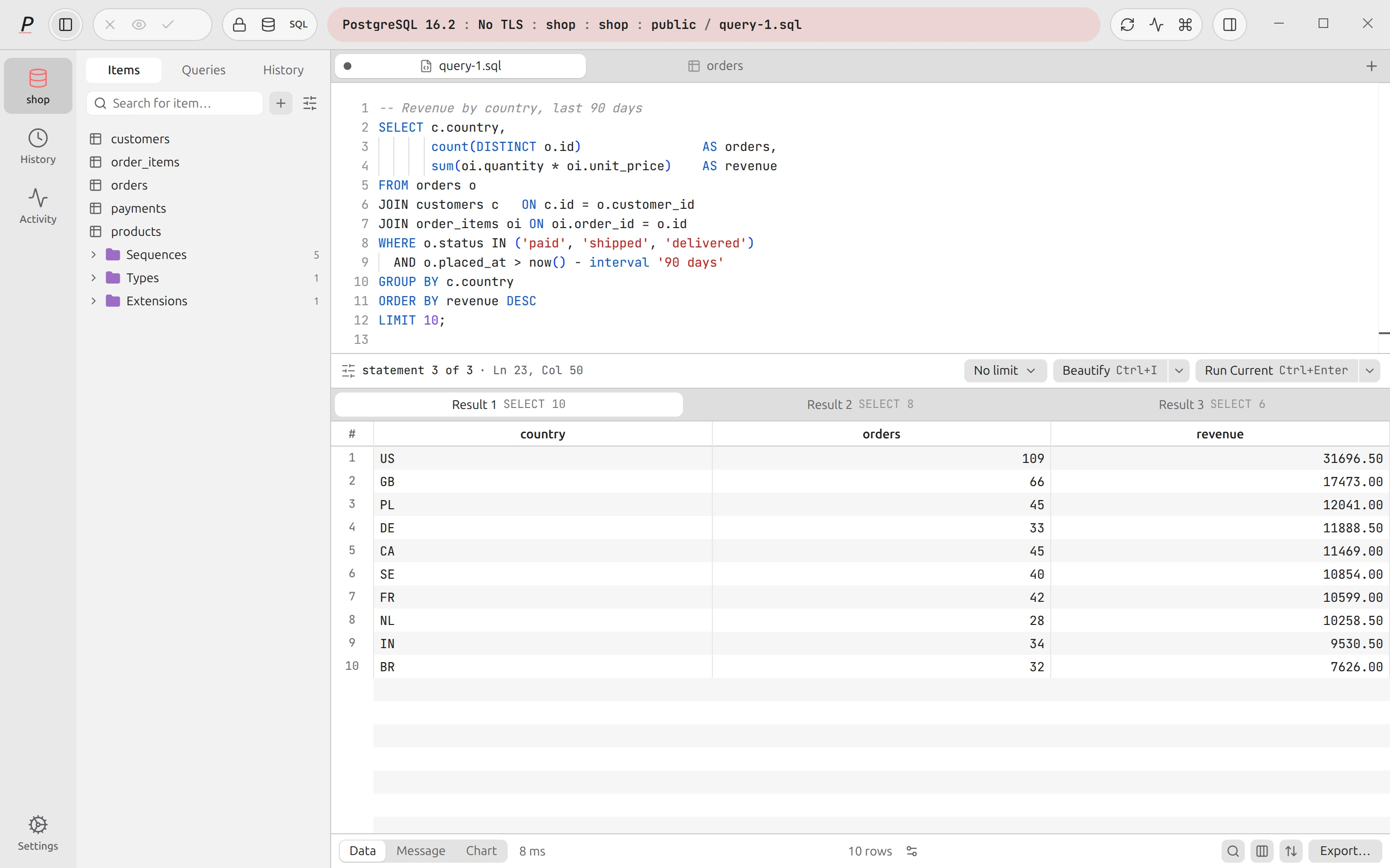 Plasma SQL editor with a multi-statement script and one result tab per statement, each with its row count and timing.