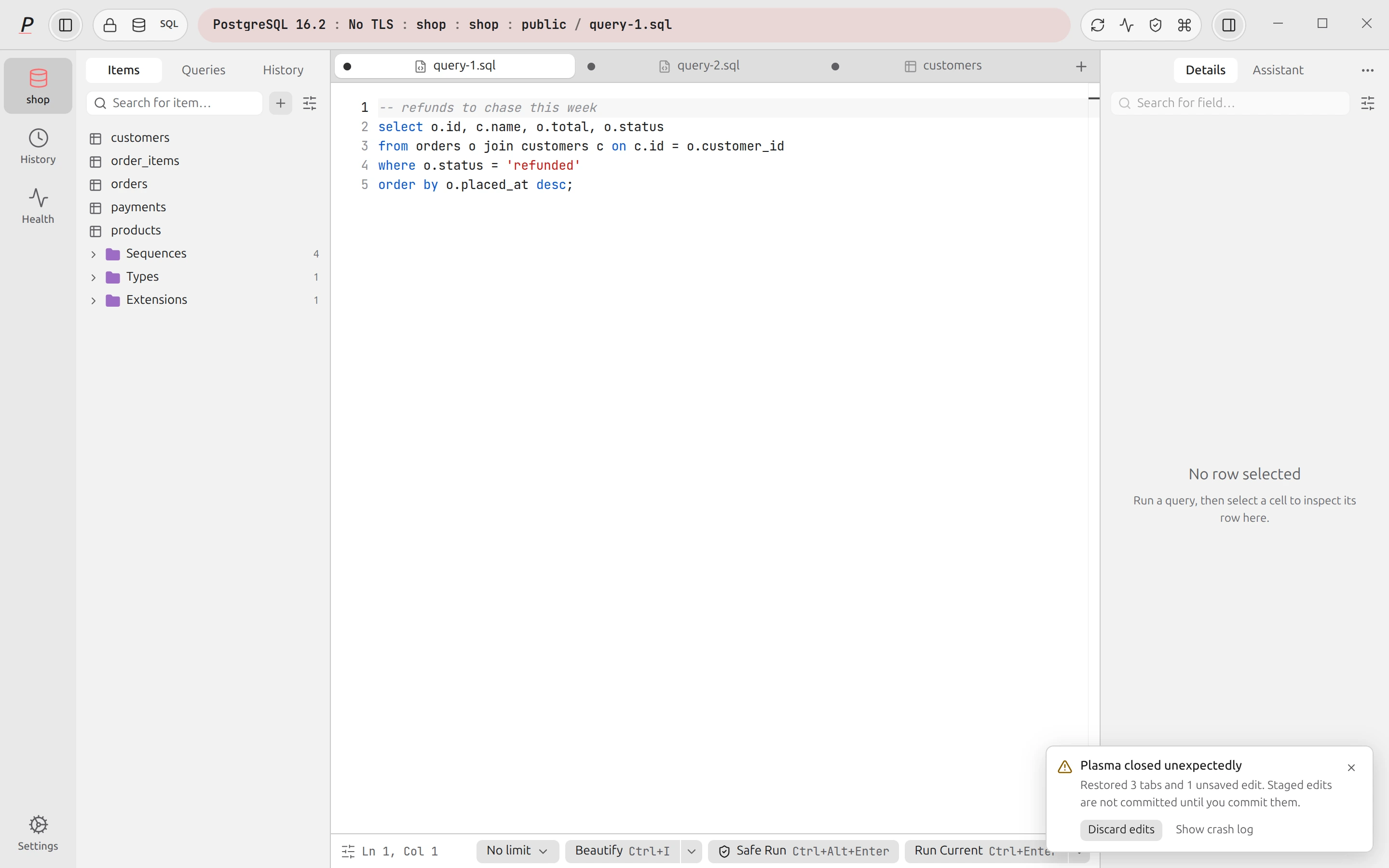 Plasma after a crash: a notice naming how many tabs and unsaved edits were restored.