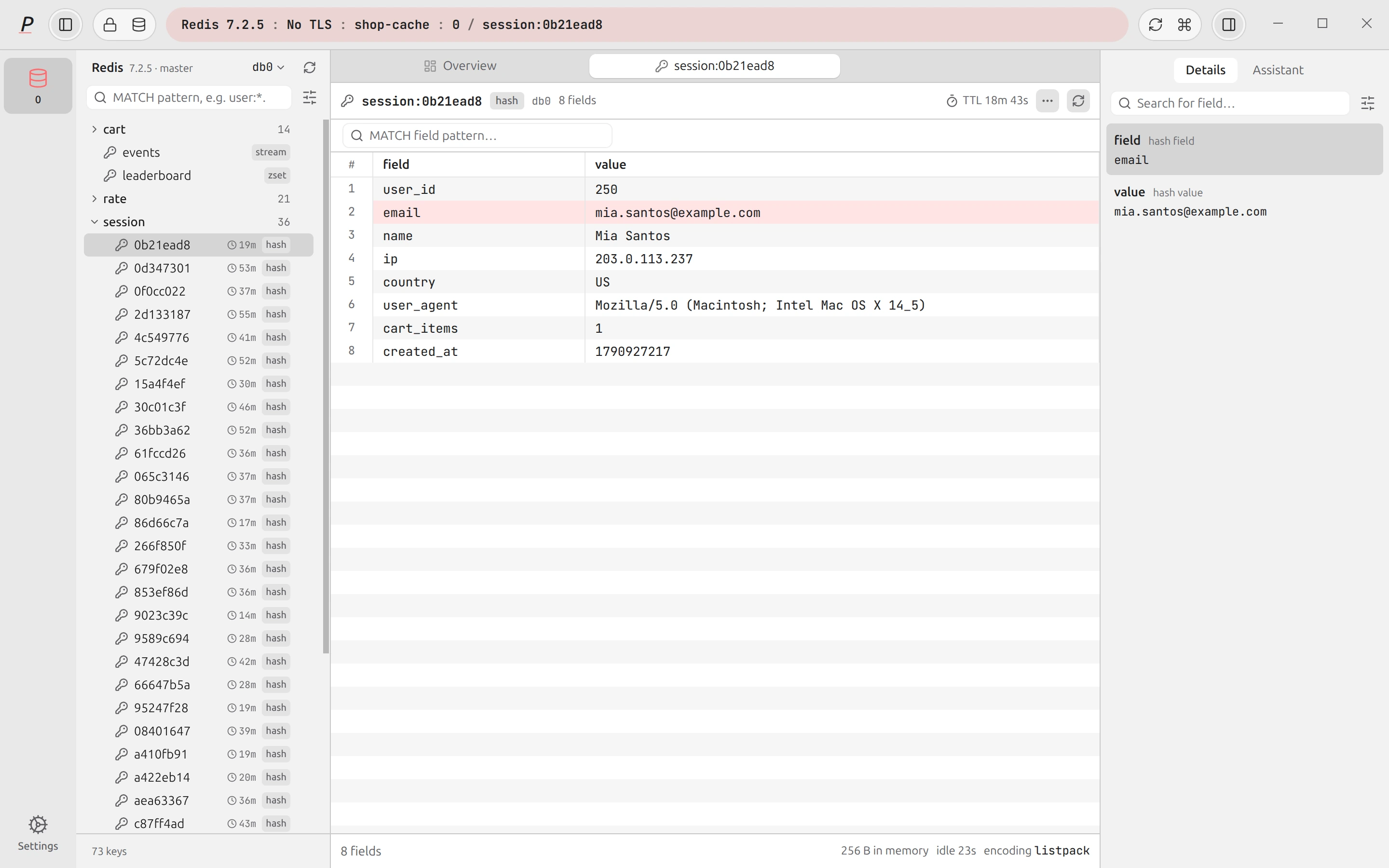 Plasma Redis workspace: a key browser on the left and a hash open in a typed editor.